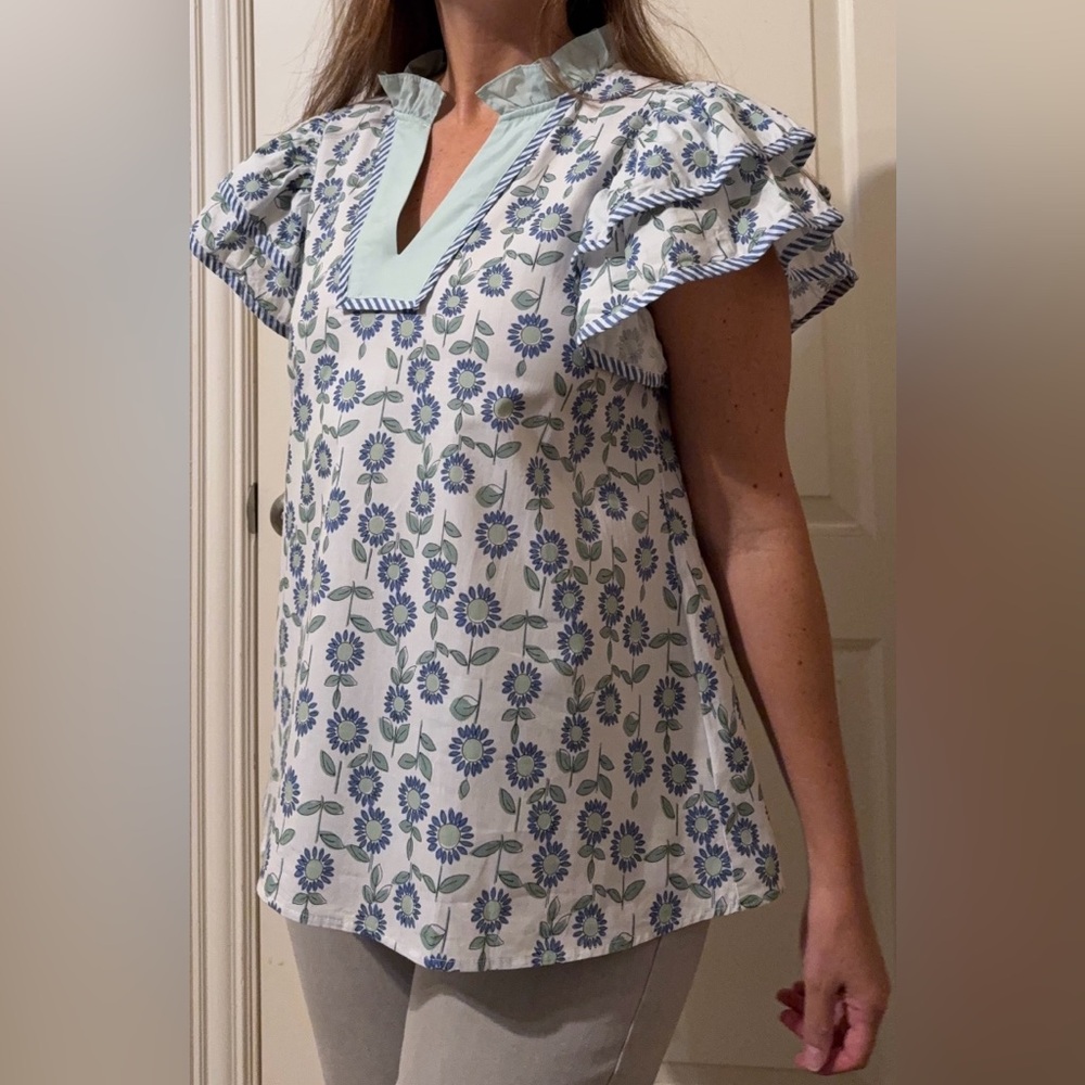 Entro Floral Ruffle Sleeve Blouse - Blue and Green